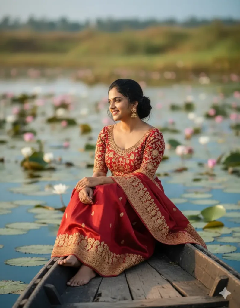Woman sitting on Boat with Saree